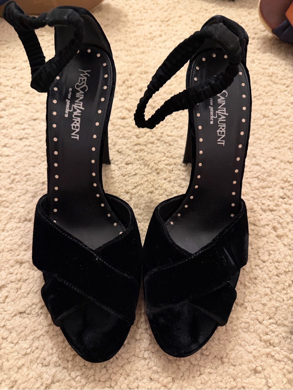 Saint Laurent Black Velvet Crisscross Ankle-Strap Stilettos
